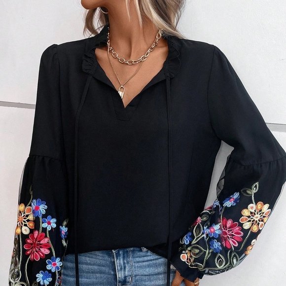 . Tops - Black Preppy Womens Floral Slleeve Print Lantern Sleeve Tie Neck Blouse